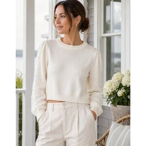 LEVI’S Cream Cropped Sweater Puff Sleeve Detail Crewneck Medium